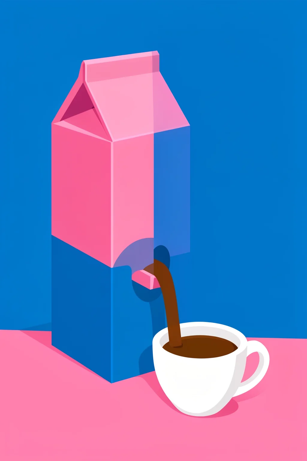Crema E Gusto Dolce. A bright pink carton pours a stream of dark coffee into a white cup on a pink tabletop against a blue background.