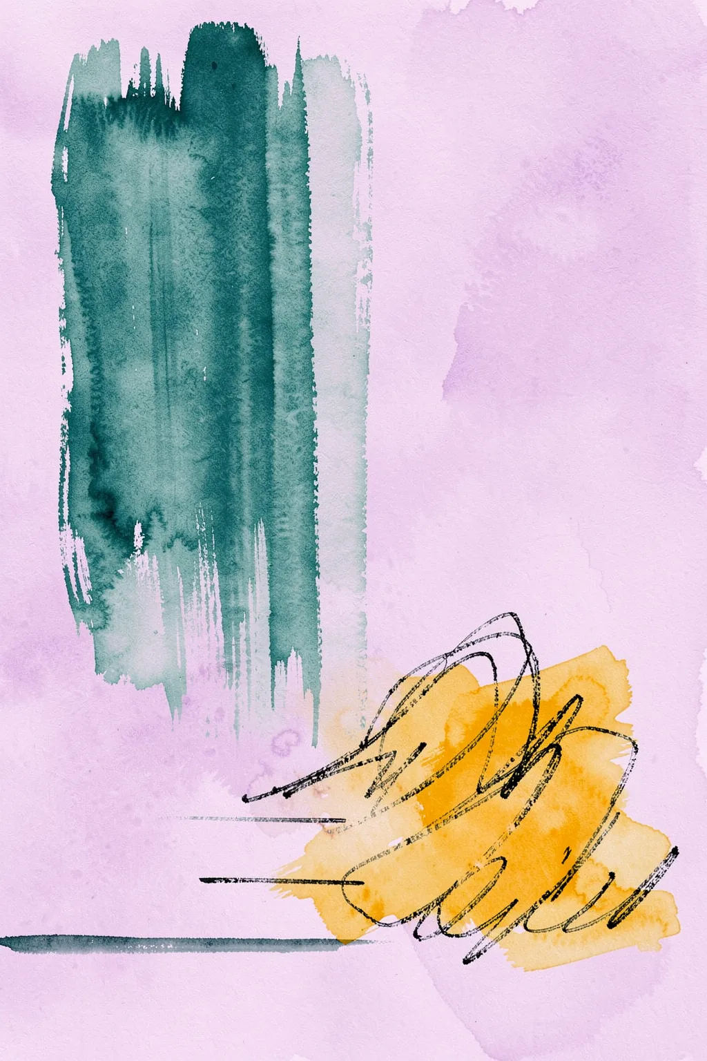 Vibrant Abstract Nature. Loose teal and ochre watercolor brush marks and black sketch-like loops form an abstract composition on pale lavender.
