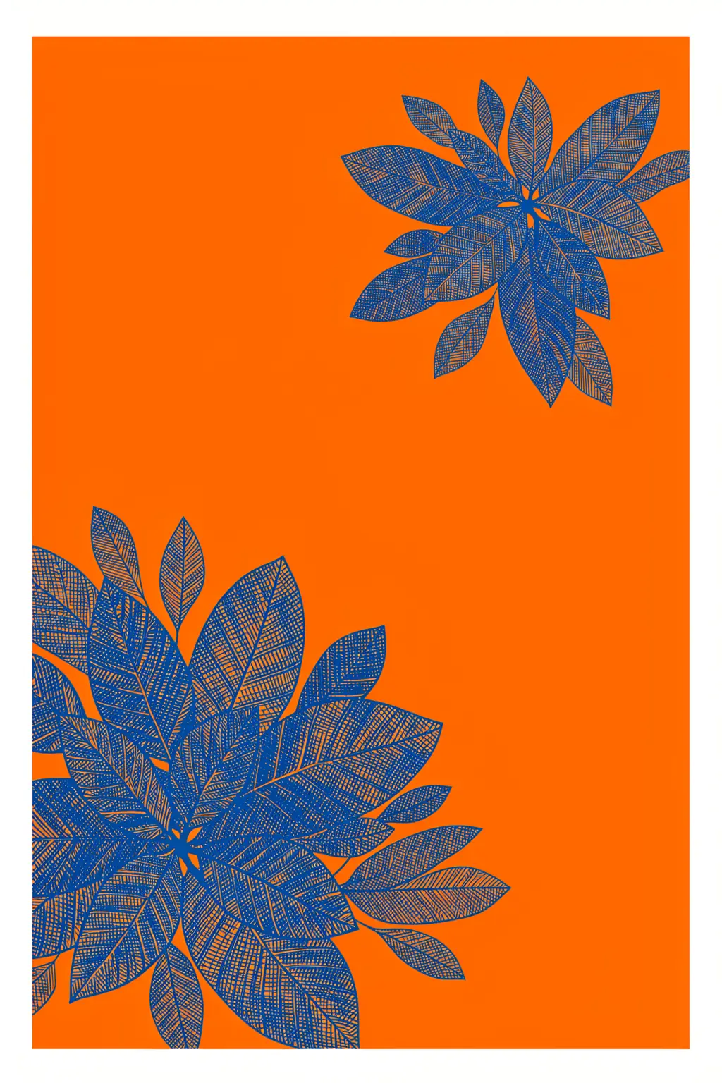 Vibrant Botanical Pop. Detailed dark blue leafy branches extend from opposite corners across a vivid orange field.
