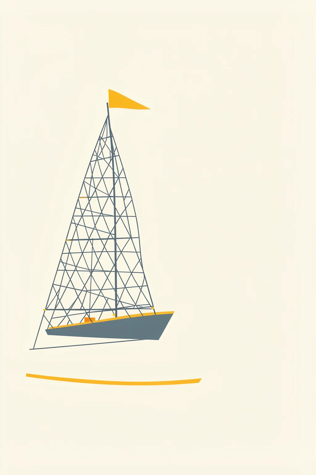 Blue Sailboat Illustration. A fine-lined blue-gray sailboat with a yellow flag and trim floats above a single curved yellow stroke on ivory.