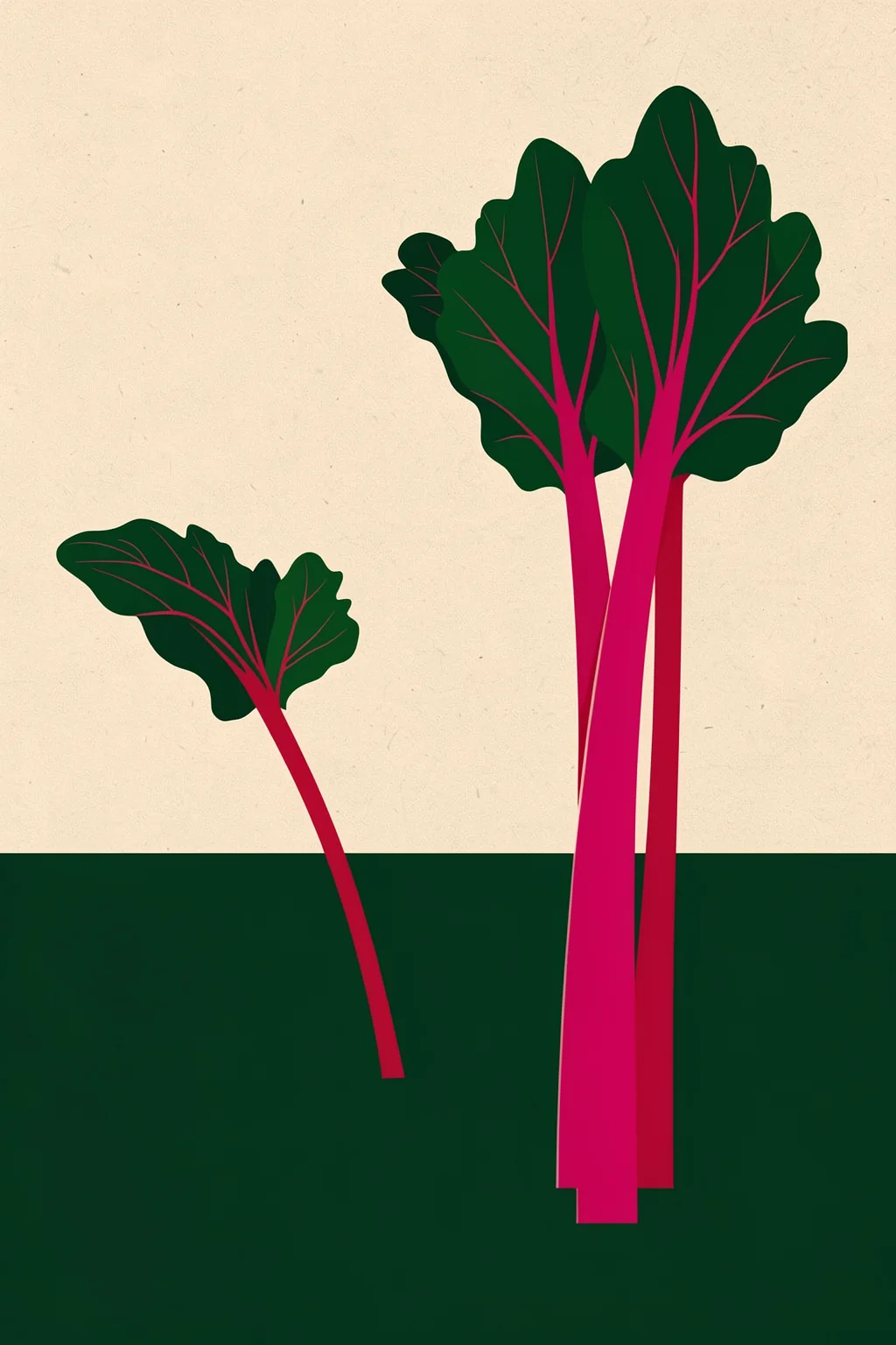 Swedish Garden Rhabarber. Two broad dark green leaves with vivid magenta veins and stems rise from a deep green lower field against textured cream.