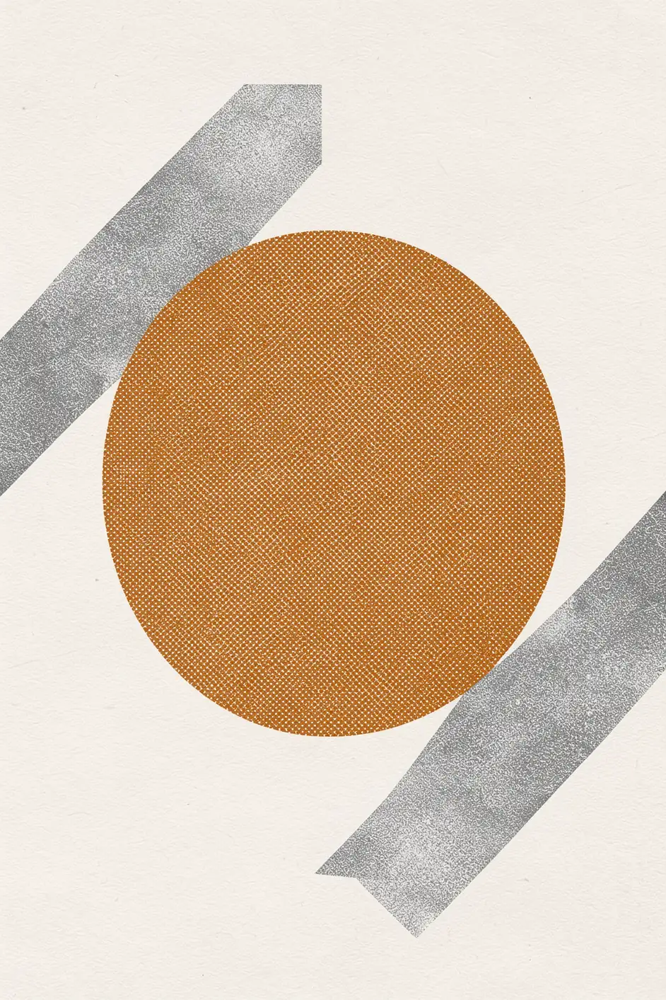 Golden Fusion. A large textured ochre circle sits between two broad angled gray bands on a lightly speckled ivory background.