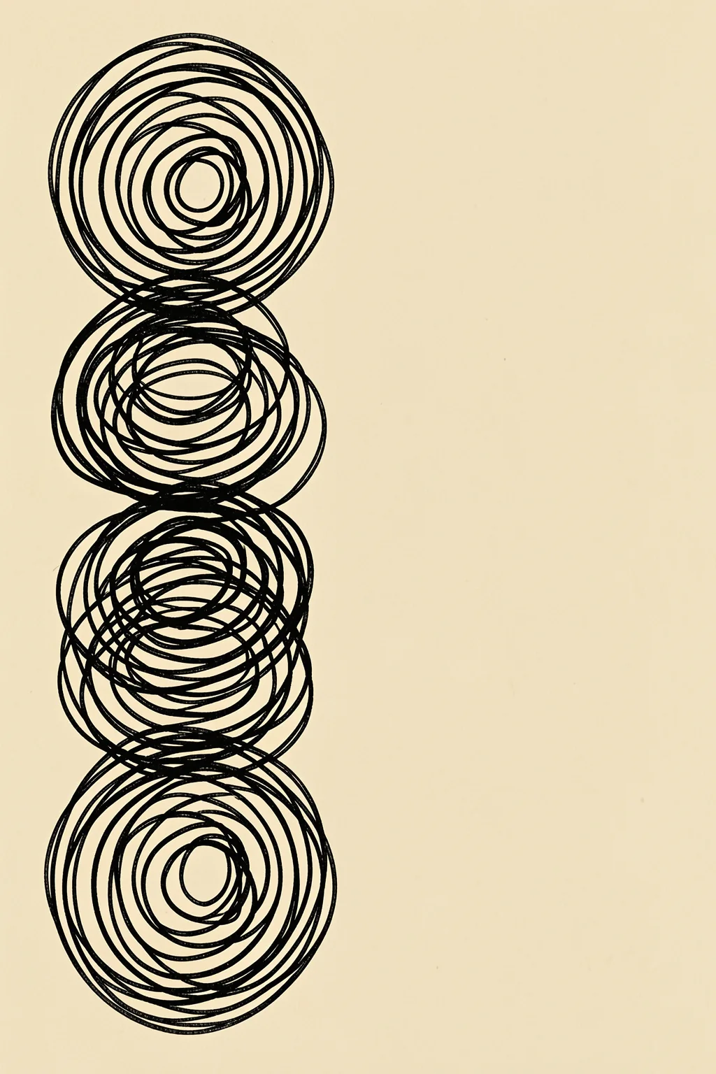 Blackswirl. Four stacks of irregular black concentric loops run vertically down the left side of a warm cream field.