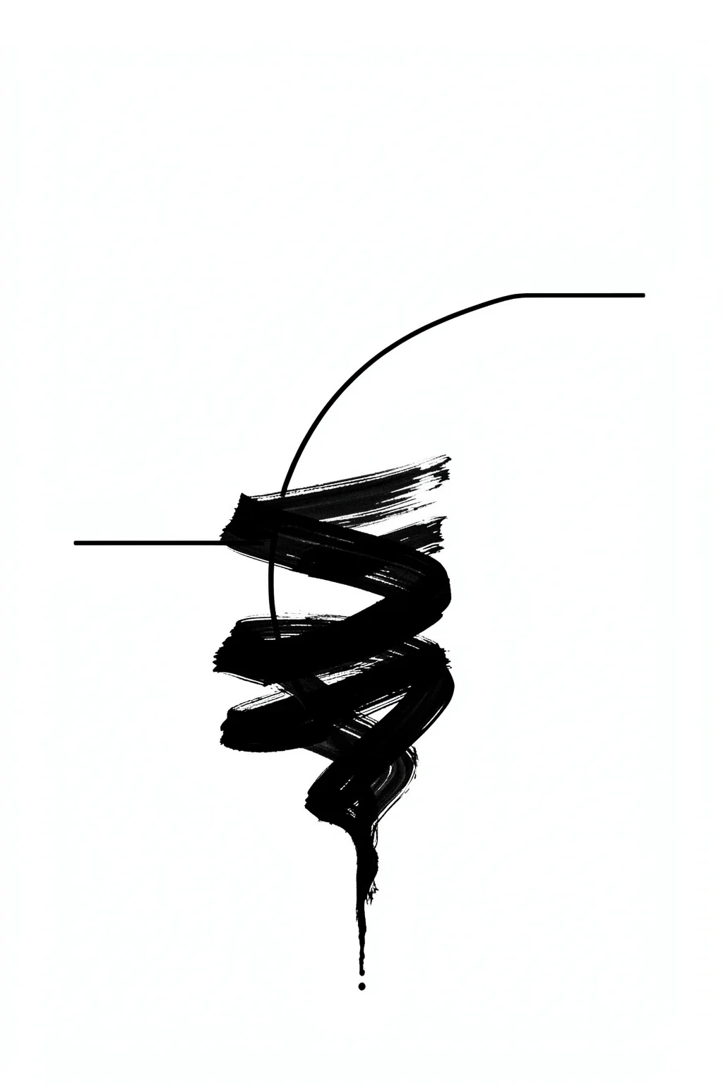 Dynamic Ink Strokes. A dense black brushstroke twists through the center, crossed by thin curved and horizontal lines on white.