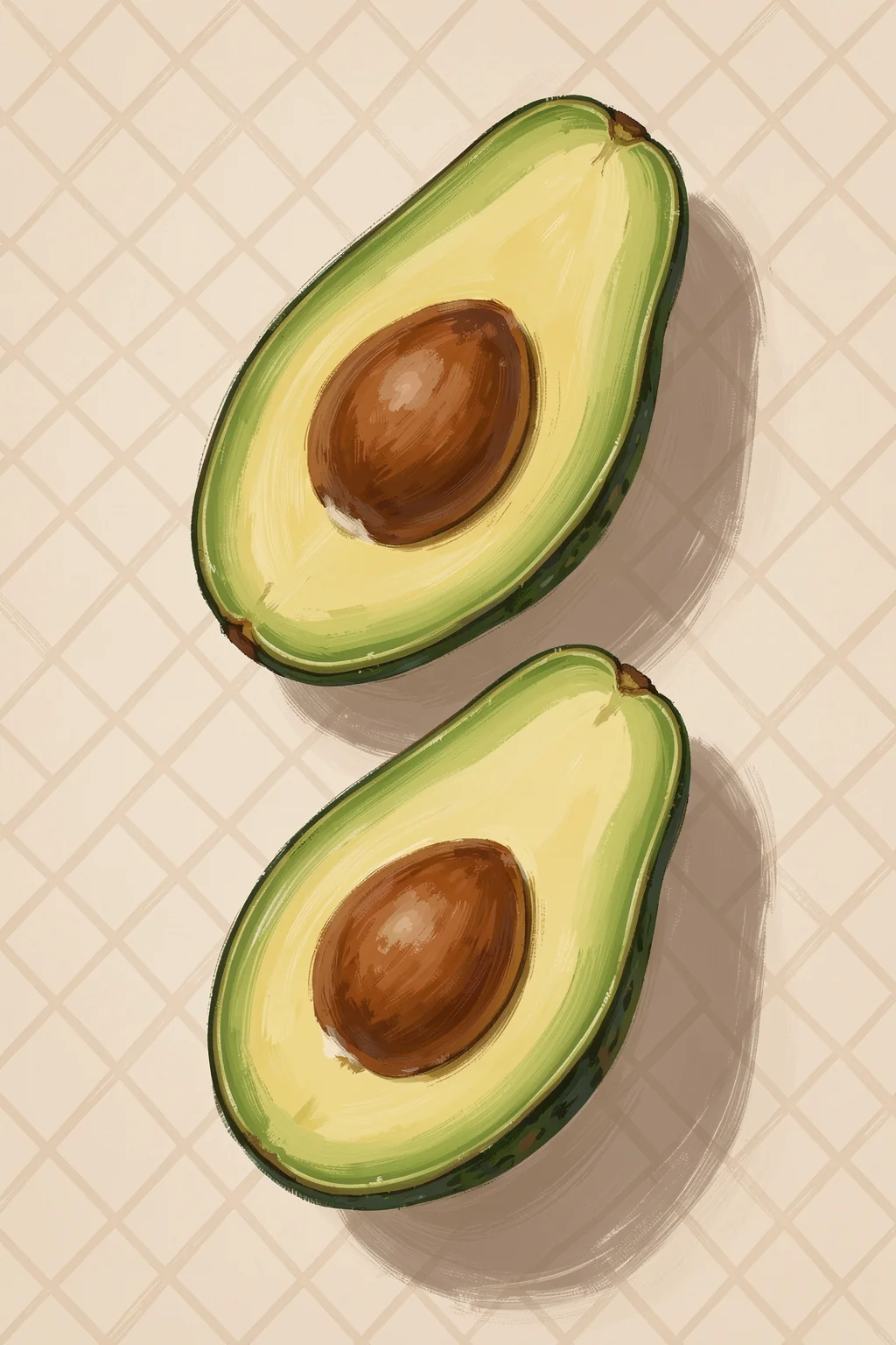 Fresh Cut Avocados. Two pale green avocado halves with brown pits are arranged diagonally on a lightly drawn beige grid.