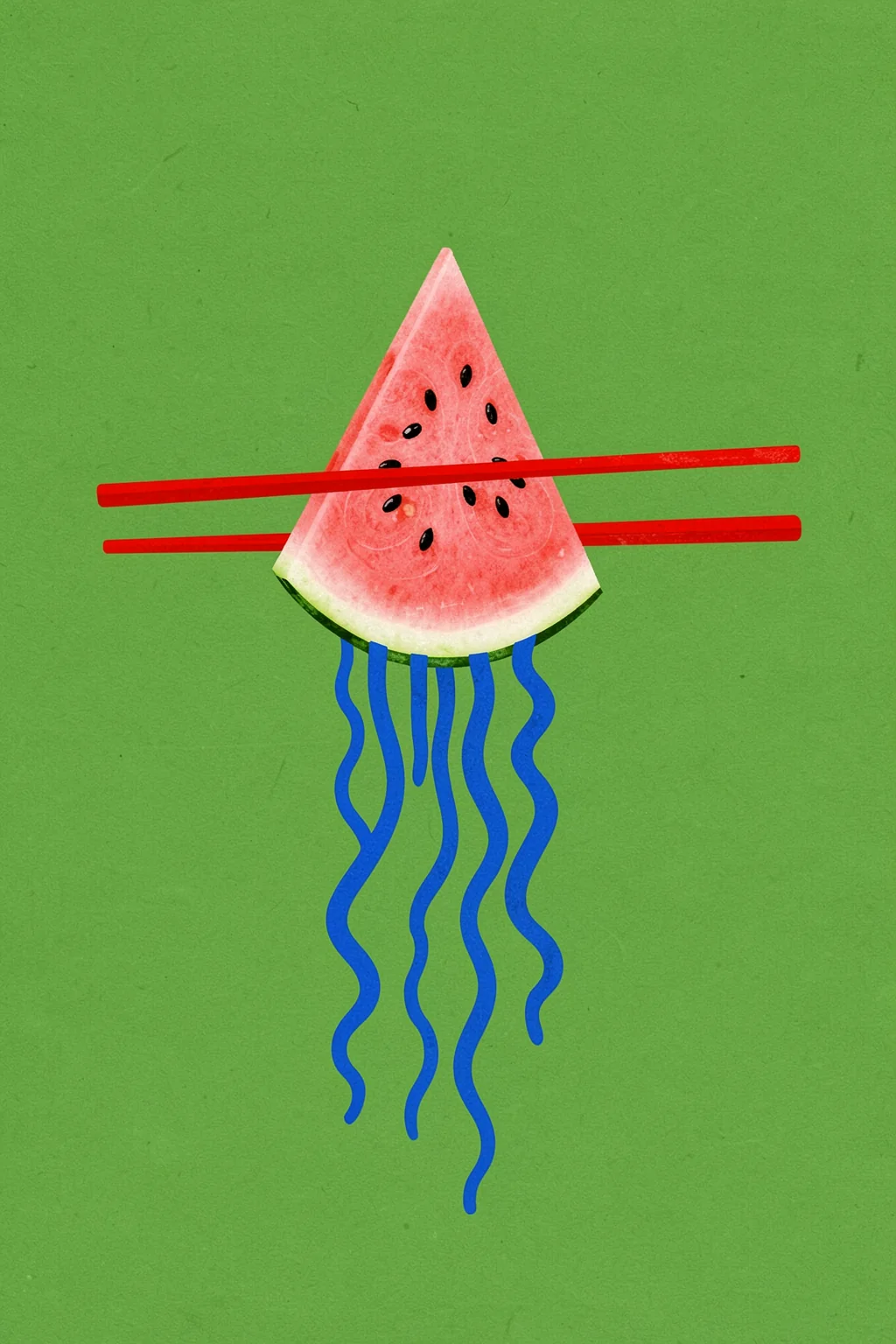 Hollywood Ramen. A watermelon wedge with black seeds is crossed by two red horizontal sticks, with blue wavy lines trailing below on green.