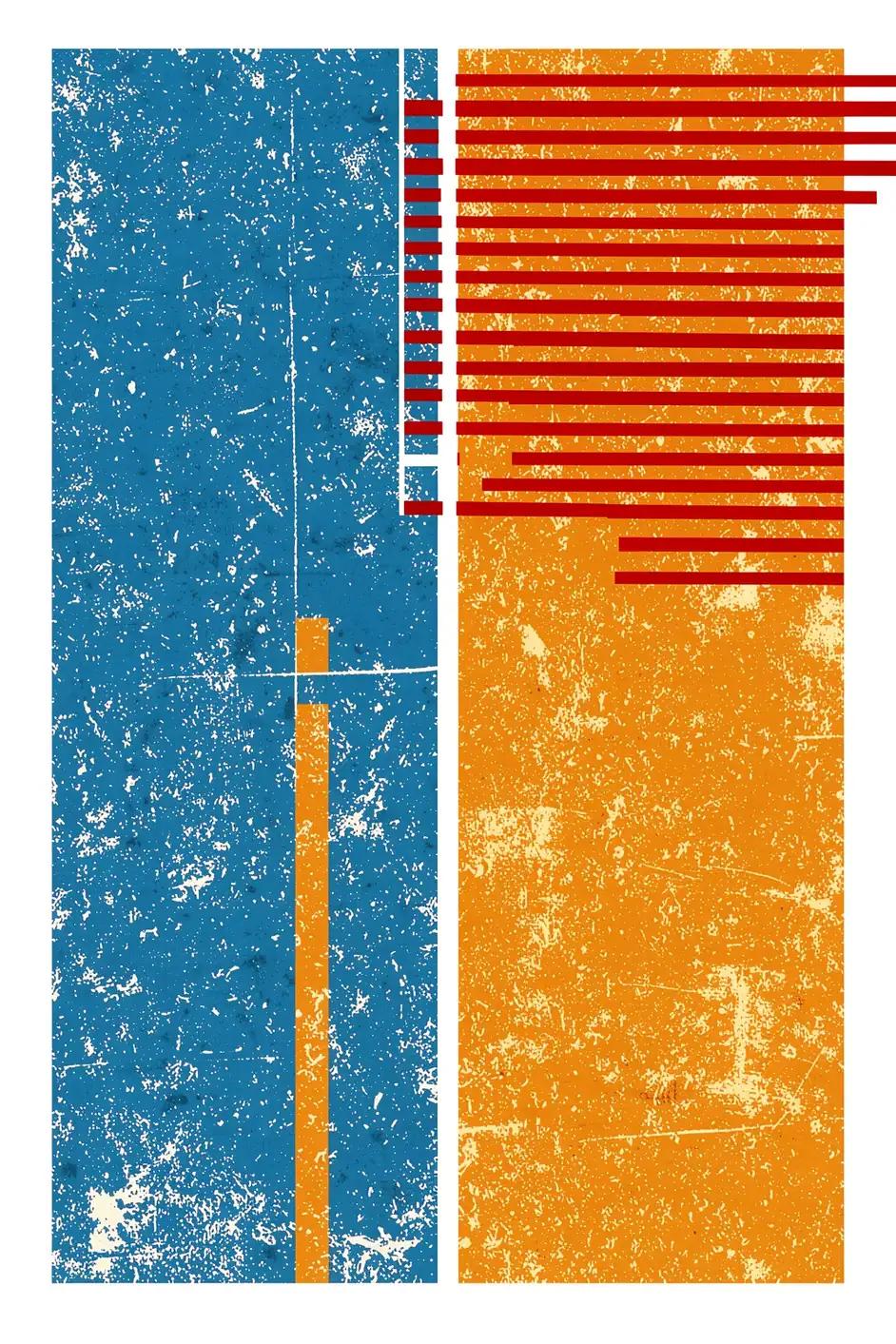 Abstract Blue Orange Geometry. Distressed blue and orange vertical blocks are overlaid with evenly spaced red horizontal bars on white.