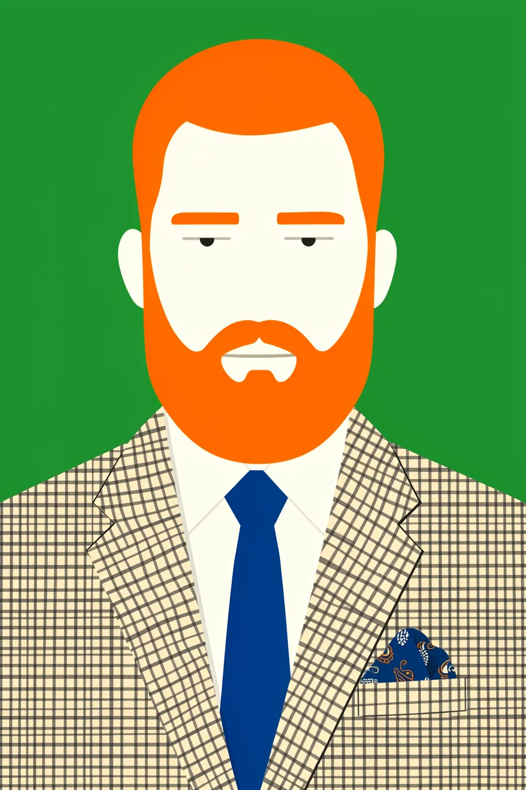 Men From Barber Shop. A stylized red-haired, bearded man in a checked jacket and blue tie is shown against a green background.