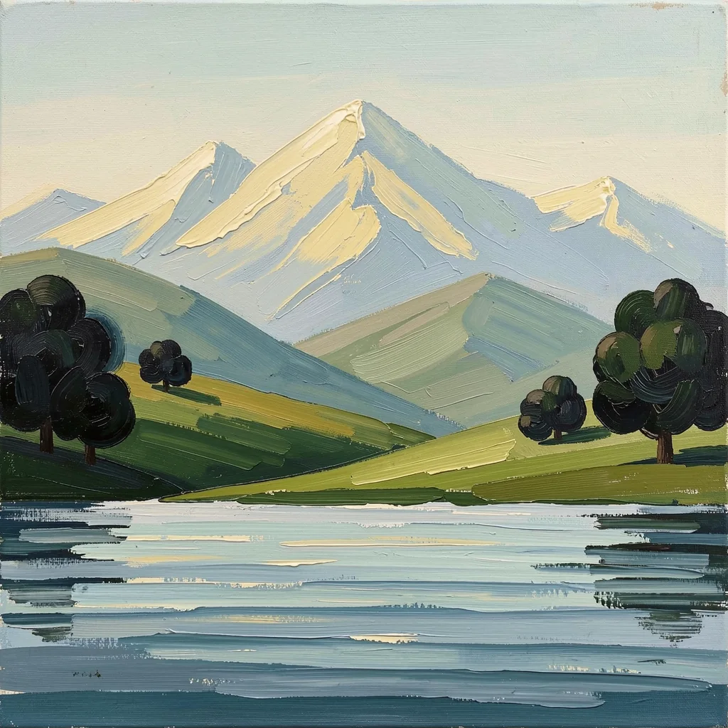 Peaceful River Mountains. A painted river spans the foreground beneath green hills, dark trees, and pale blue-gray mountains.