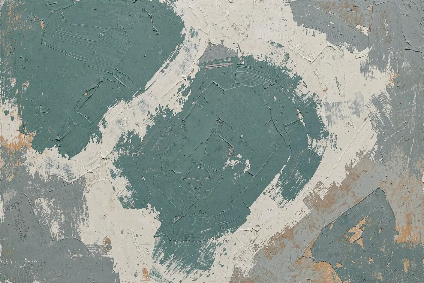 Green and White Acrylic. Broad rough-edged strokes of muted green-gray, cream, and warm beige overlap across the canvas.