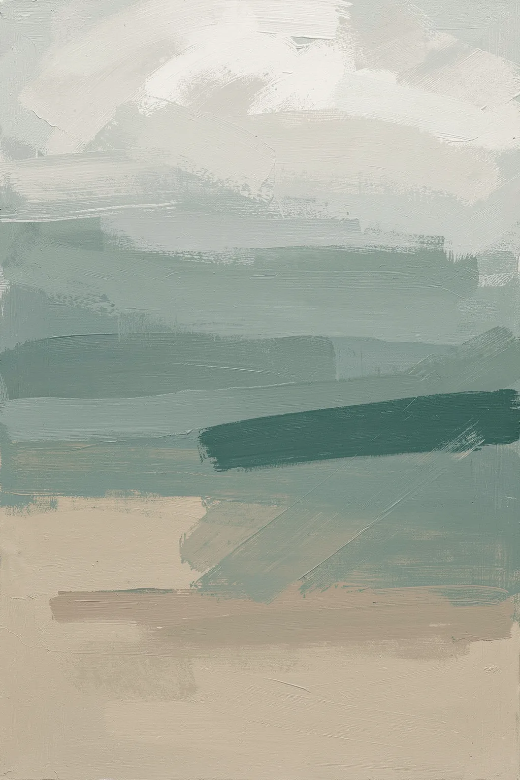 Misty Mountain Dreams. Layered horizontal brushstrokes in pale gray, sage, teal, and beige fill the composition without distinct objects.