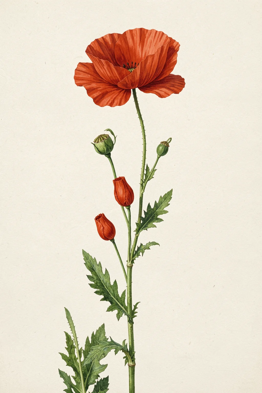 Scarlet Globe Mallow From North American Wildflowers (1925) By Mary Vaux Walcott. A tall orange-red flower with two closed buds and jagged green leaves rises on slender stems against ivory.