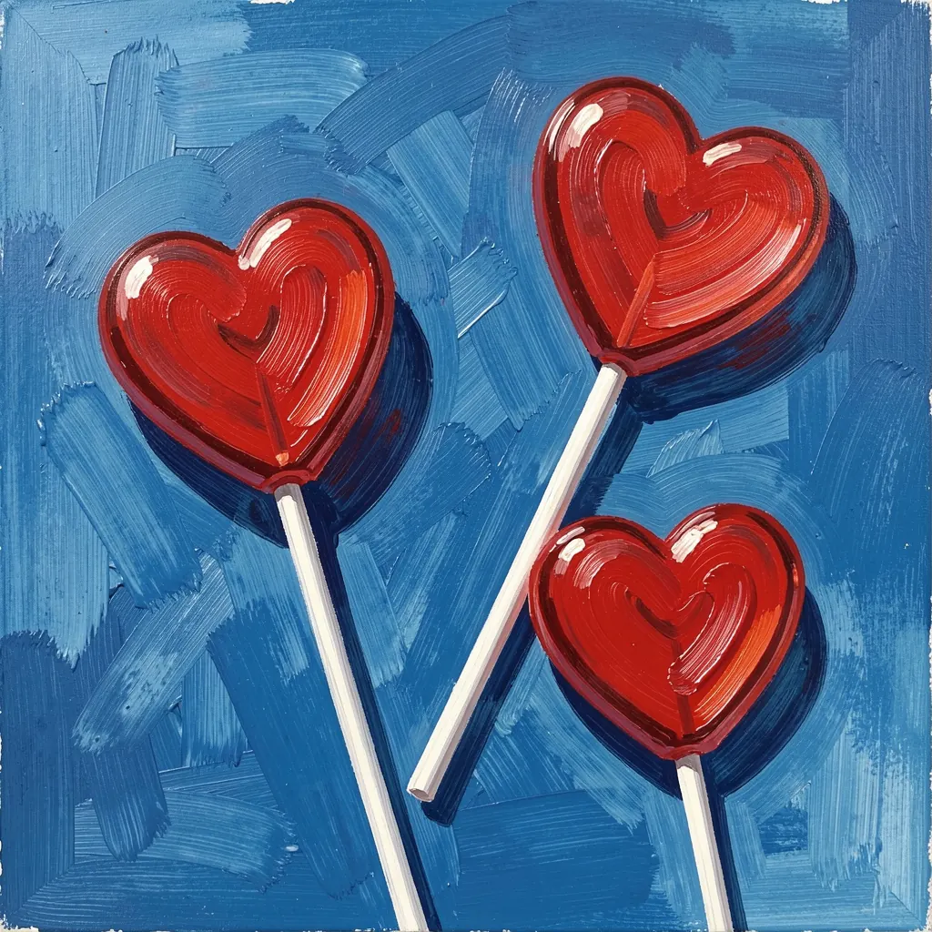Sweet Red Heart Lollipops. Three glossy red heart-shaped lollipops on white sticks stand against a textured blue background.