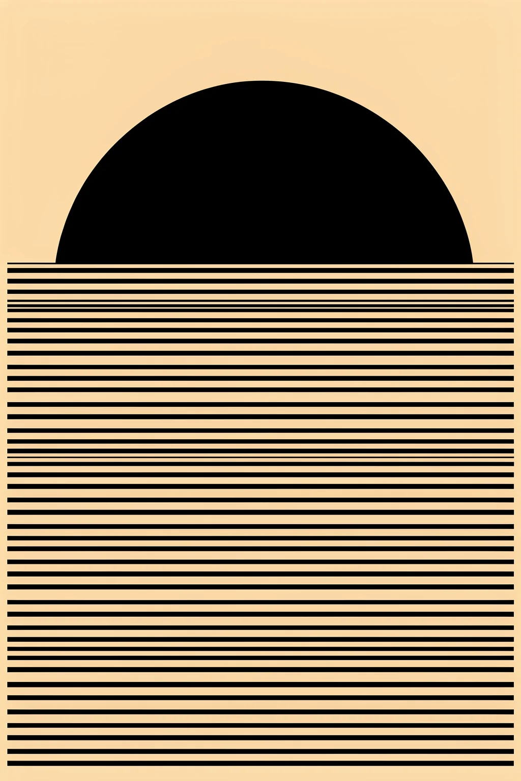 Black Sun Horizon Lines. A large black semicircle sits above closely spaced horizontal black lines on a warm peach background.