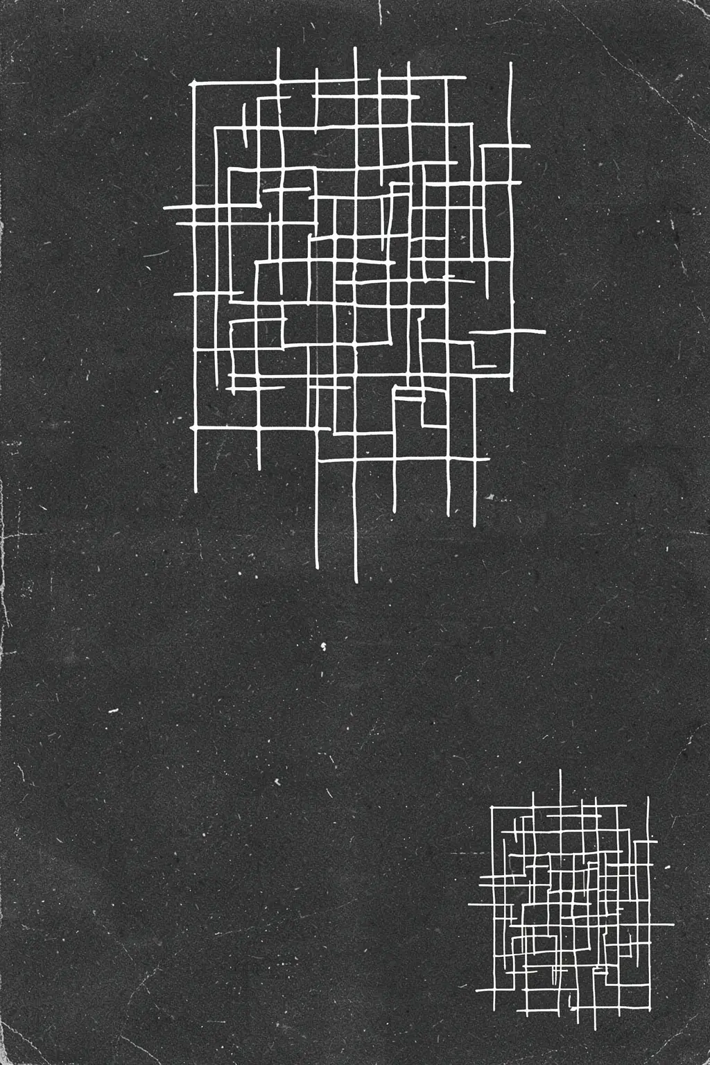 Dark Minimalist Maze. Irregular white intersecting lines form two compact maze-like grids on a dark charcoal, lightly scratched field.