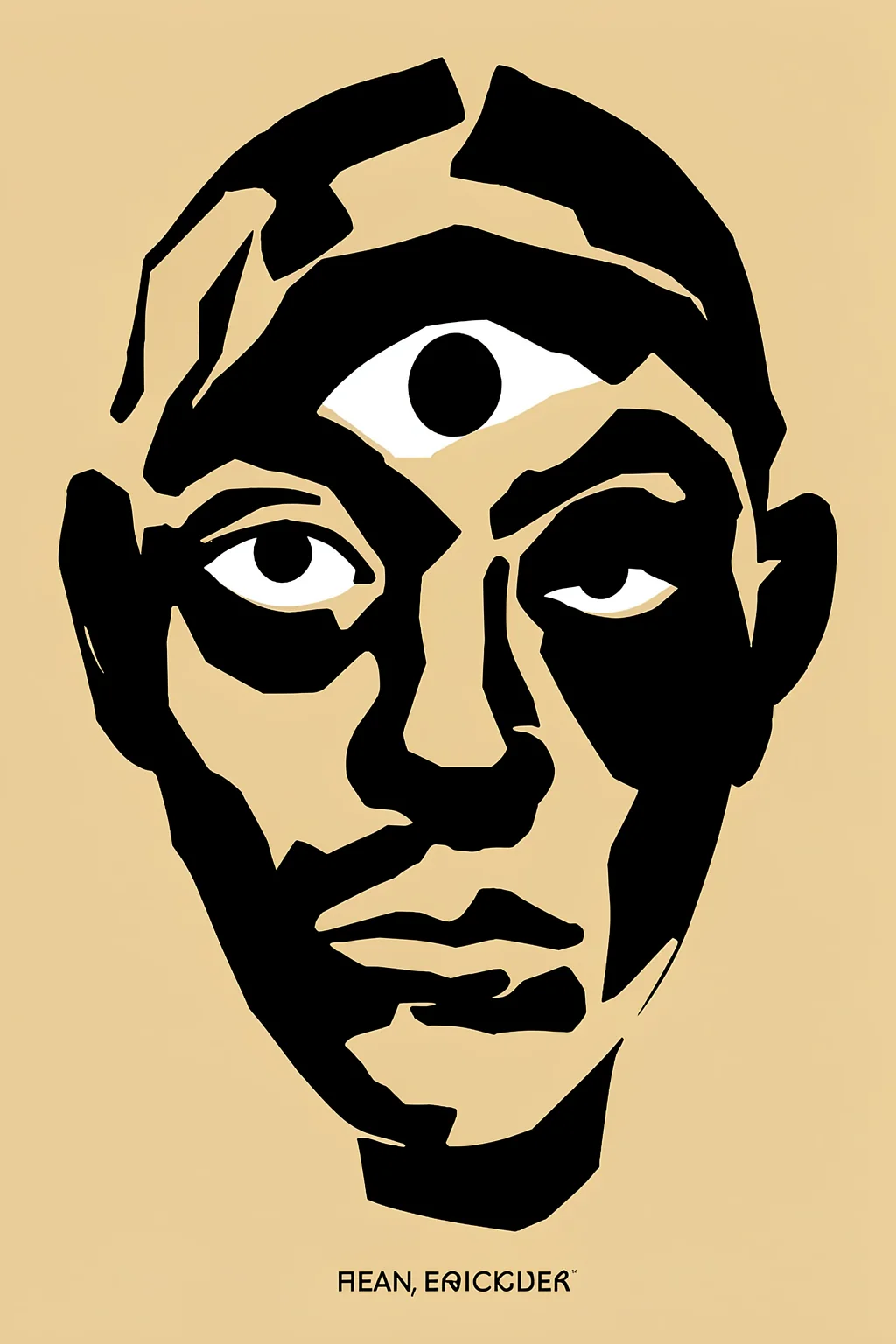 Fragmented Face Silhouette. A fragmented black-and-cream face with three visible eyes fills a tan background, with small stylized lettering below.