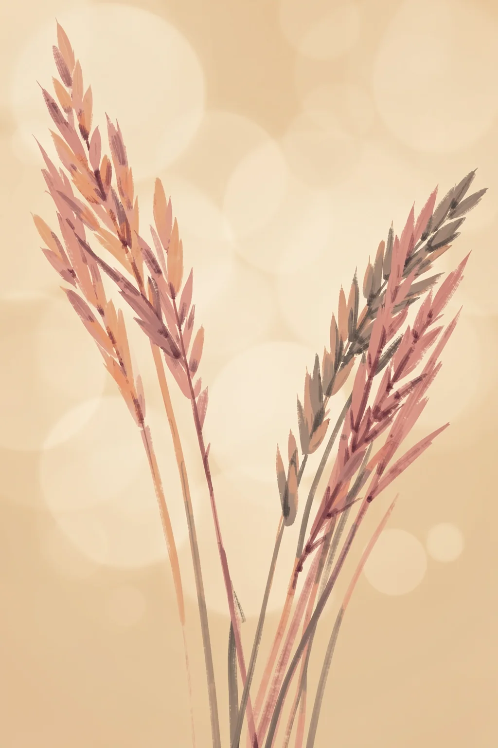 Dreamy Bokeh Grass. Muted rose and brown grass seed heads rise in loose clusters against a softly blurred warm beige background.