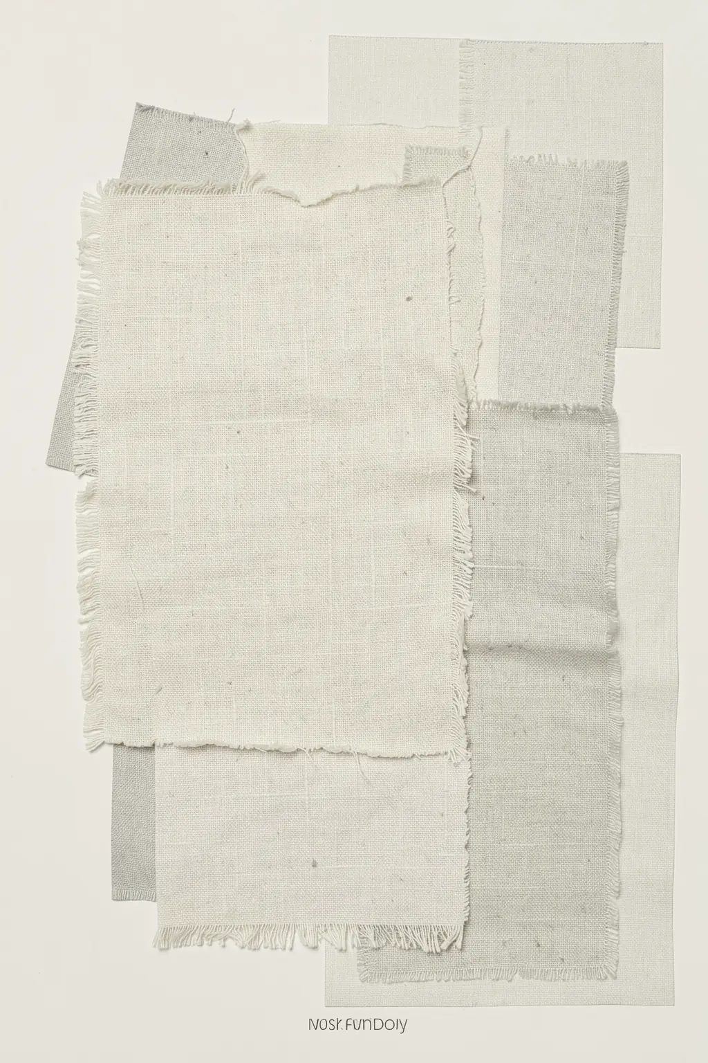 Linen Layers. Overlapping off-white rectangles with visible woven texture and frayed edges sit on a pale background, with small lettering below.