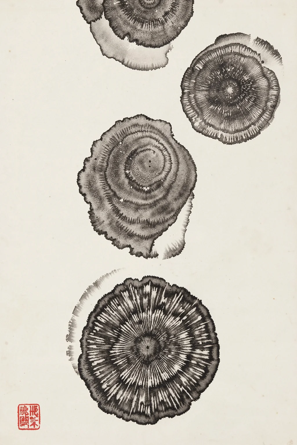 Organic Ink Wash Circles. Four irregular circular ink-wash forms with radiating ring-like marks are spaced on cream paper; a red seal sits near the bottom.