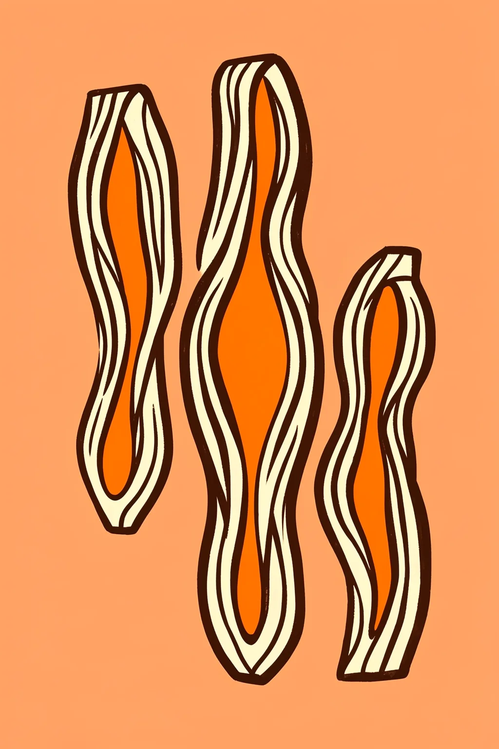Organic Wavy Stripes. Three tall wavy shapes with cream and dark brown outlines enclose orange centers against peach.