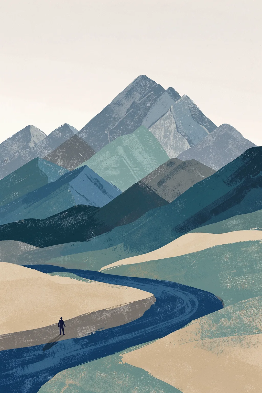 Layered Mountain Journey. Layered blue-gray mountains surround a winding dark blue river or path, with a small figure on the near bank.