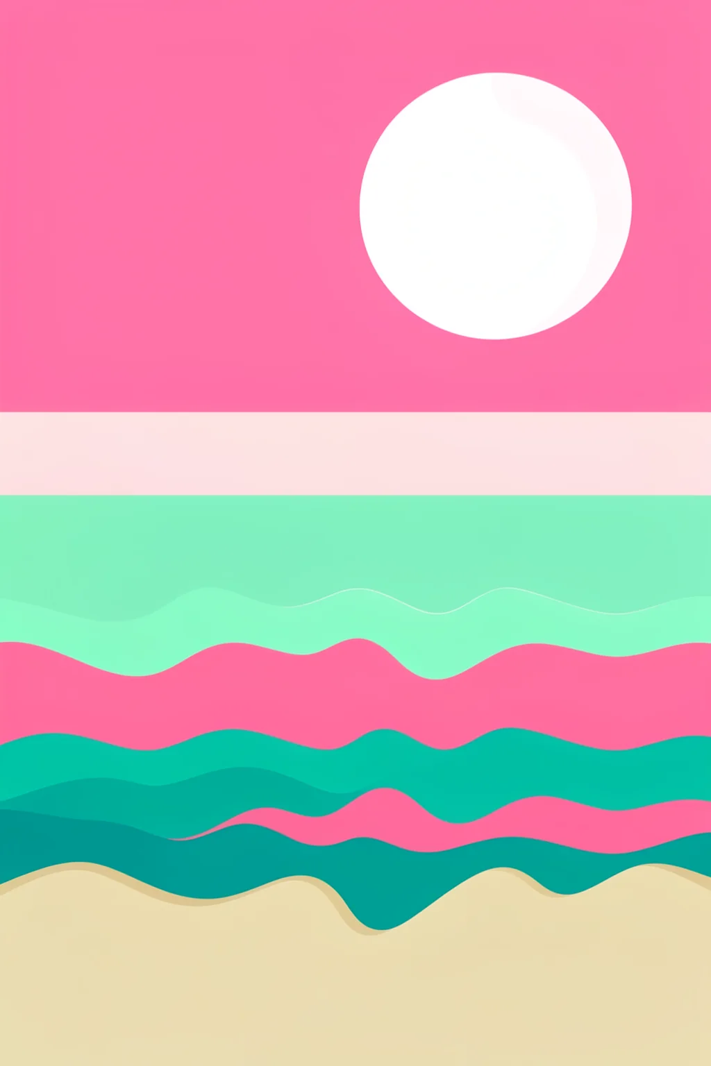 Pink Sky Ocean Waves. A large white disc hangs above horizontal pastel bands and layered pink, teal, and cream wave shapes.