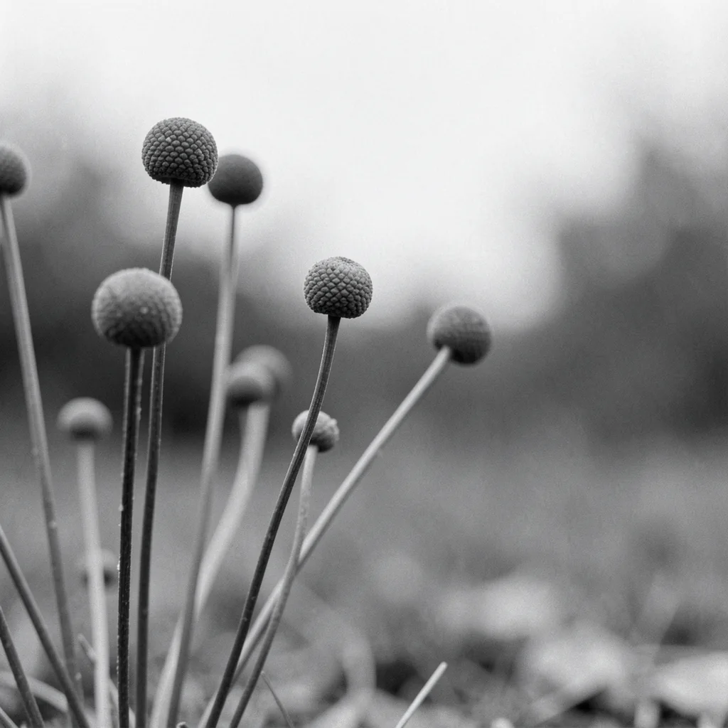 Delicate Garden Buds. Slender dark stems with round textured buds rise in soft focus against a blurred grayscale garden background.