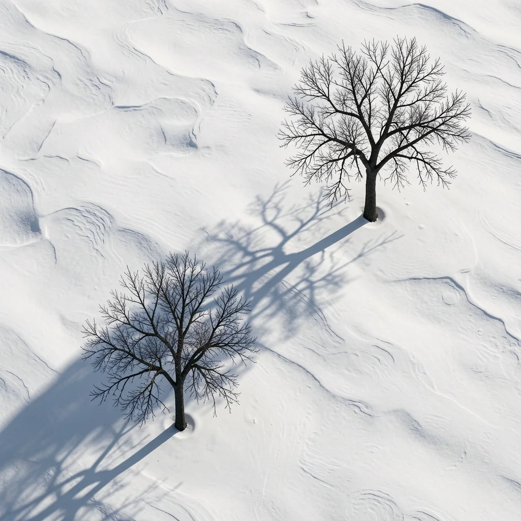 Two Trees Winter Snow. Two bare trees cast long blue-gray shadows across textured white snow in a minimal overhead winter scene.