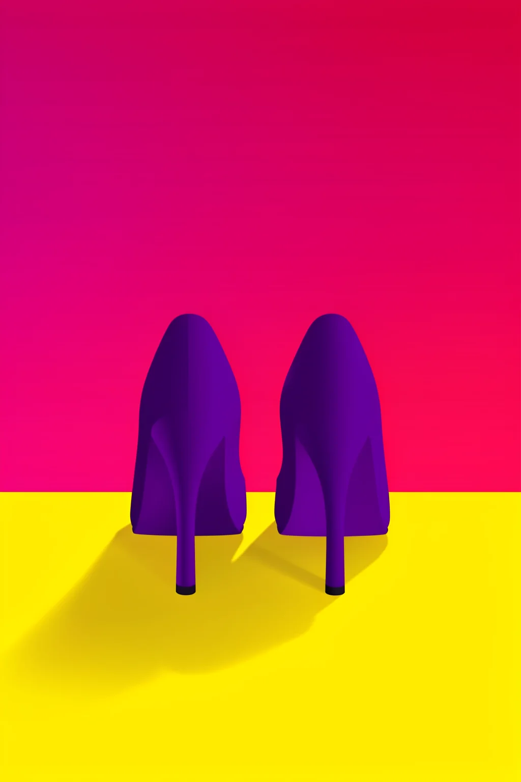 Confident High Heels. Two purple high-heeled shoes stand on a yellow surface against a bright magenta-pink background.