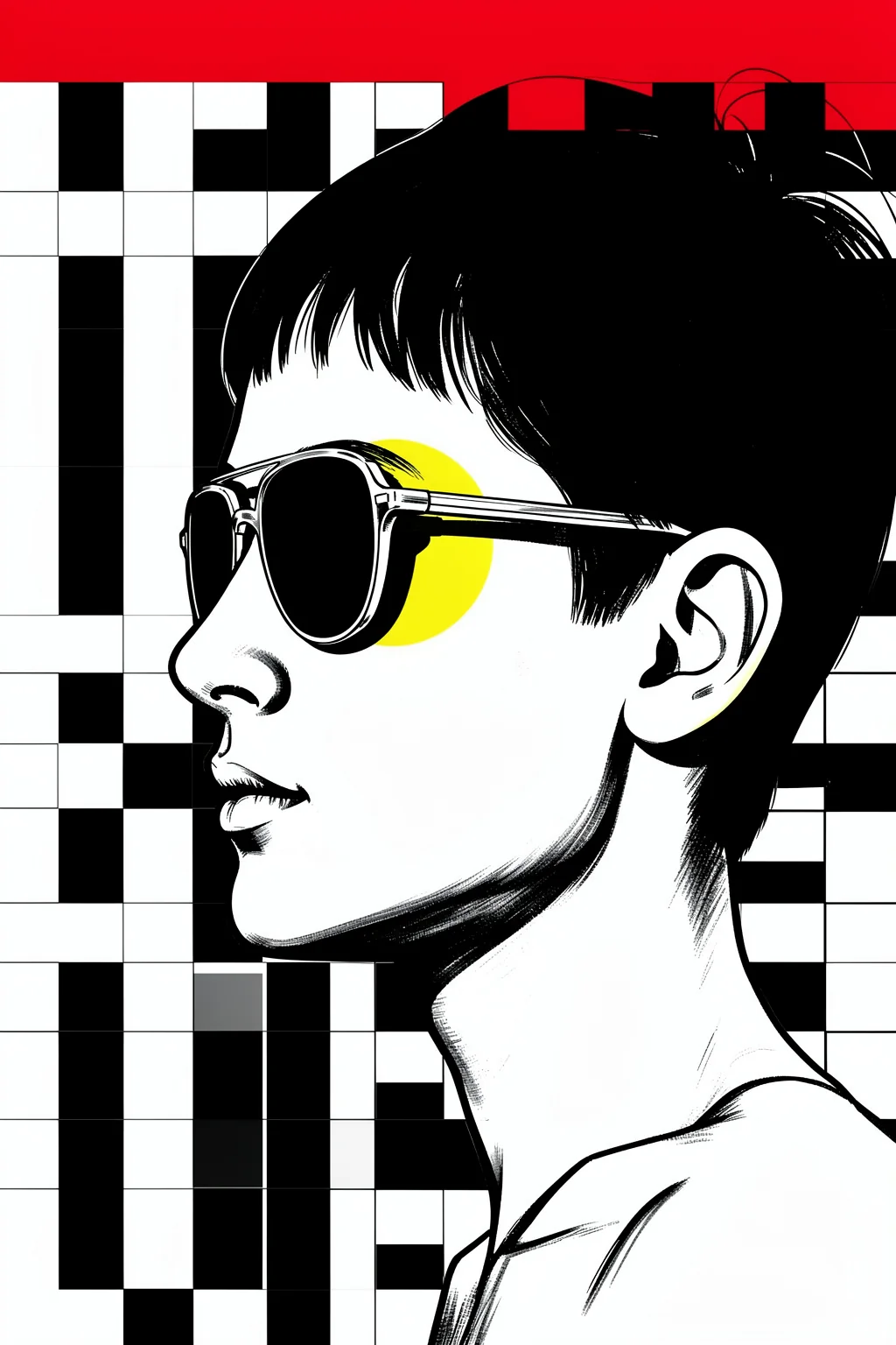 Graphic Pop Profile. A black-haired woman in dark sunglasses is shown in profile over a black-and-white checkerboard, with a yellow circle and red band behind her.