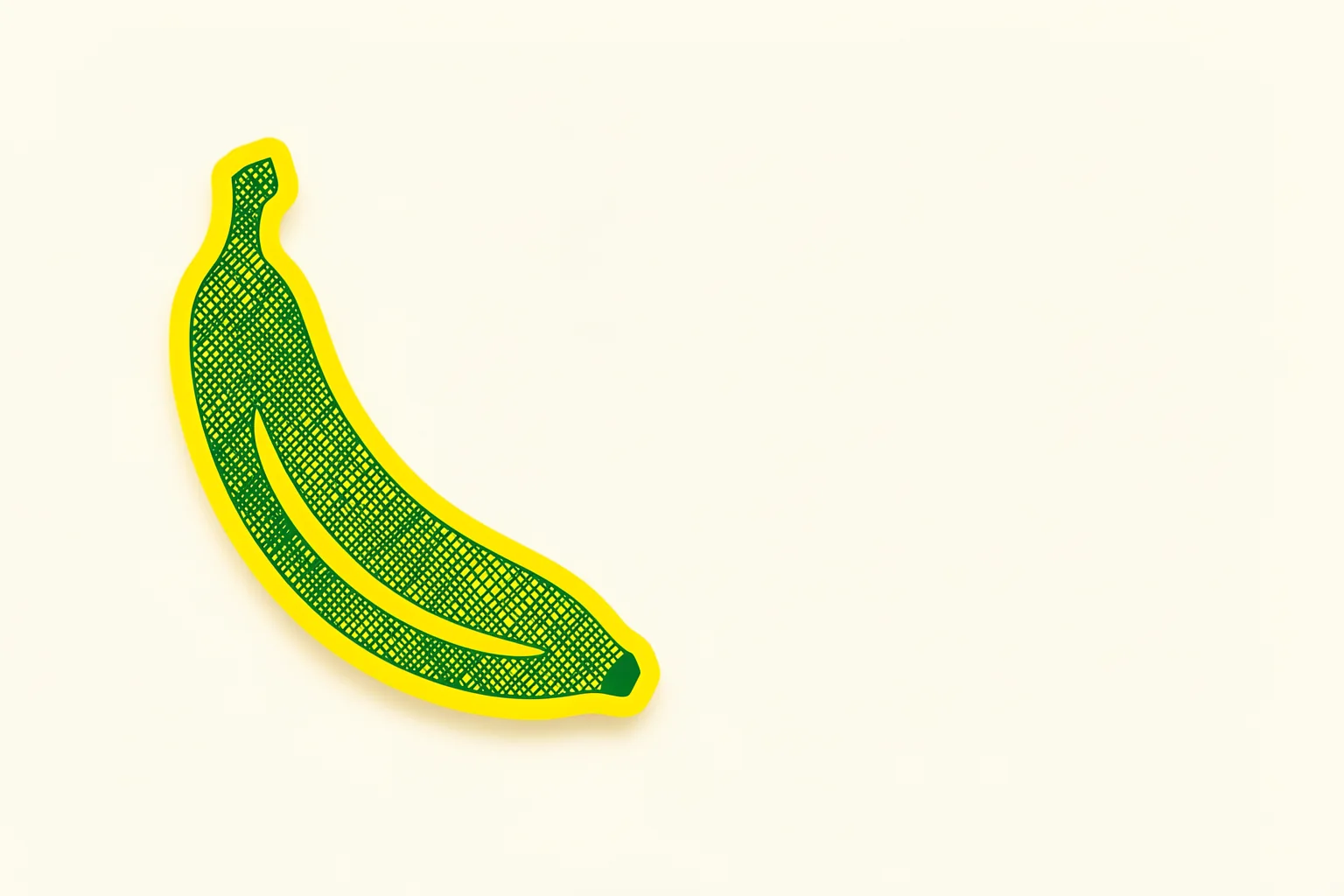 Neon Green Banana. A curved banana filled with dark green crosshatching is outlined in bright yellow on cream.