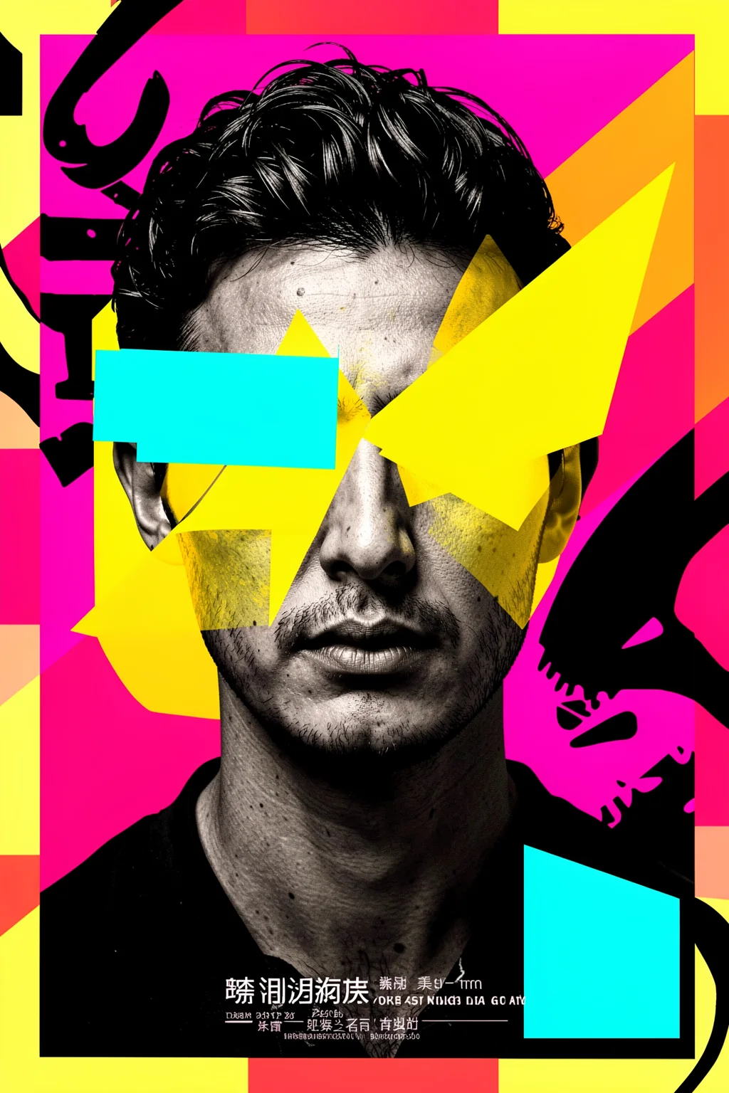 Vibrant Abstract Portrait. A monochrome male portrait is partly covered by bold hot-pink, yellow, cyan, and orange geometric shapes, with small stylized lettering below.