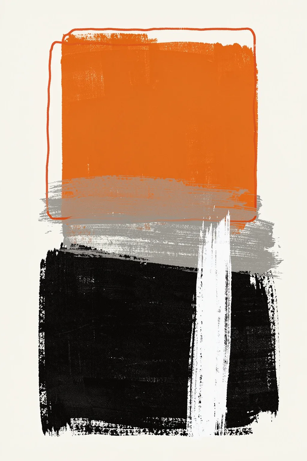 Abstract Brush Strokes 122. Broad rough brush marks in orange, gray, black, and white form a vertical abstract composition on an off-white field.