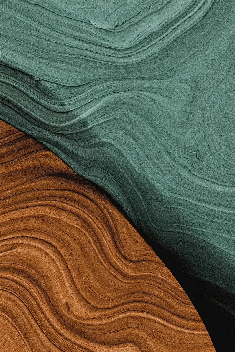 Gradient Desert Waves. Fine undulating bands in muted teal and rust sweep across a textured surface, meeting along a broad diagonal curve.