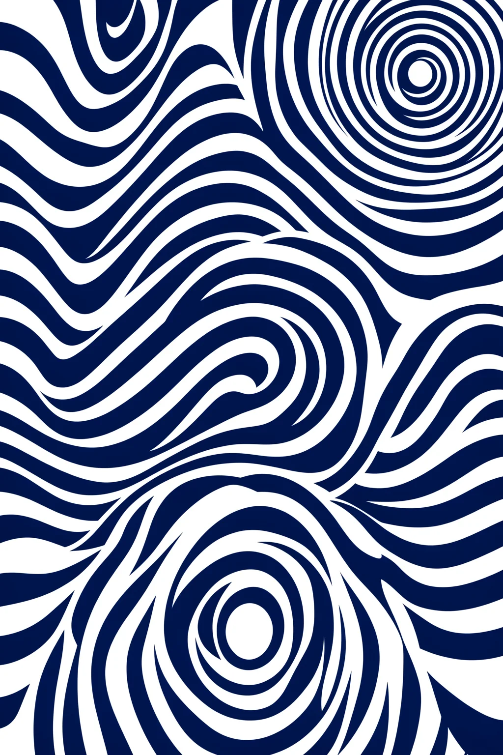 Abstract Blue Wave Pattern. Bold navy and white curving stripes form a flowing pattern with several concentric circular centers.