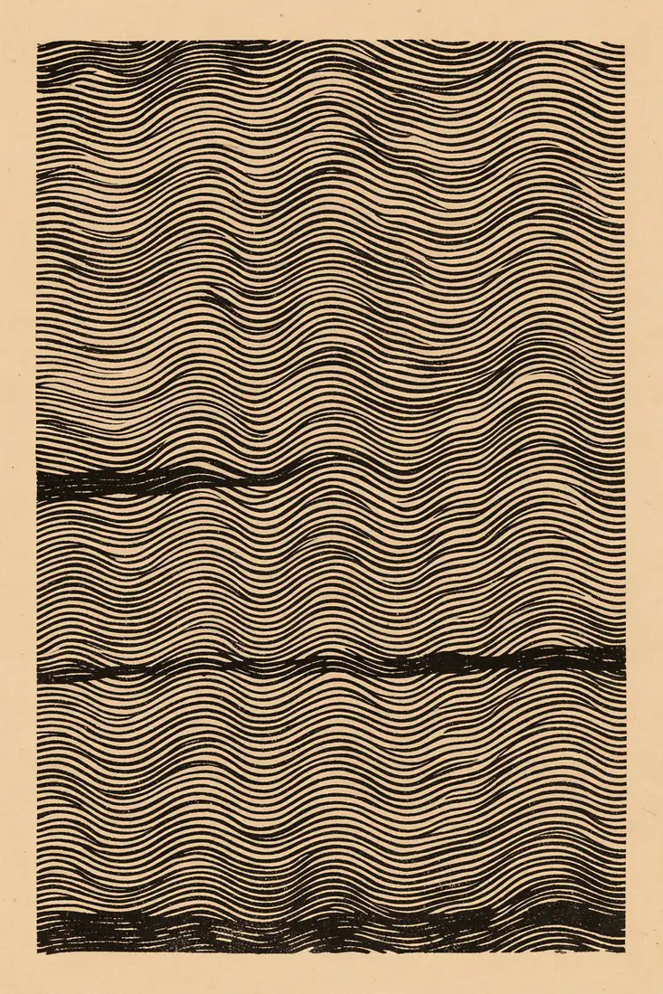 Curved Illusions. Dense black wavy lines cover a warm cream rectangle, interrupted by several irregular horizontal dark bands.