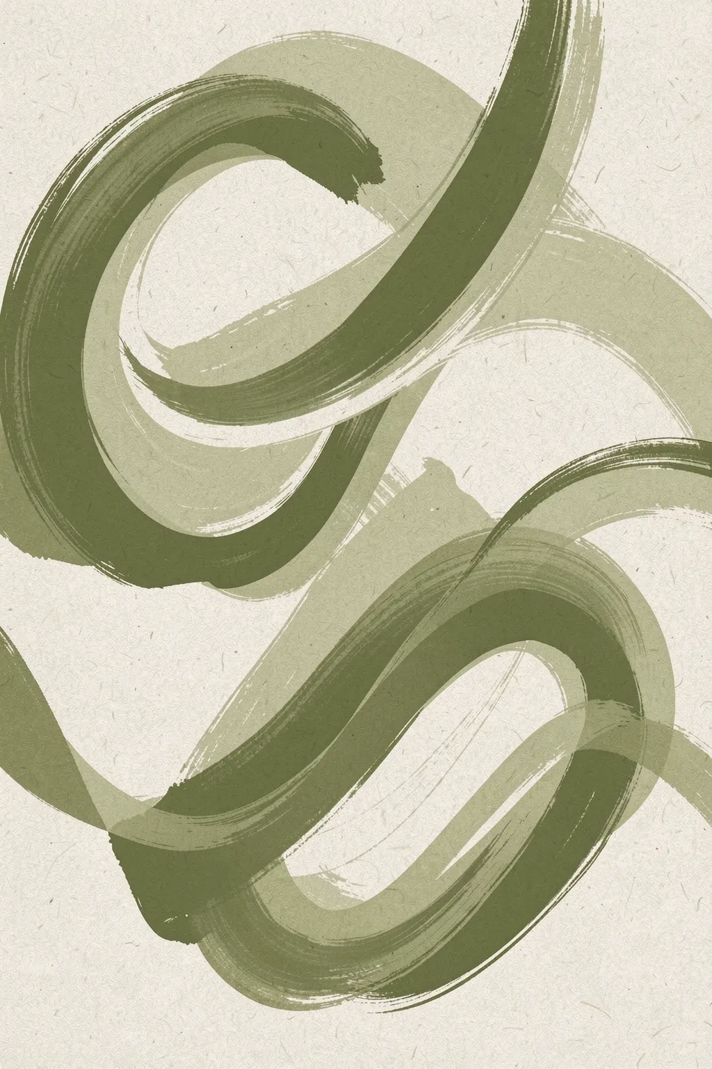 Flowing Earth Patterns. Broad olive-green brushstrokes loop and cross over a lightly textured ivory background.
