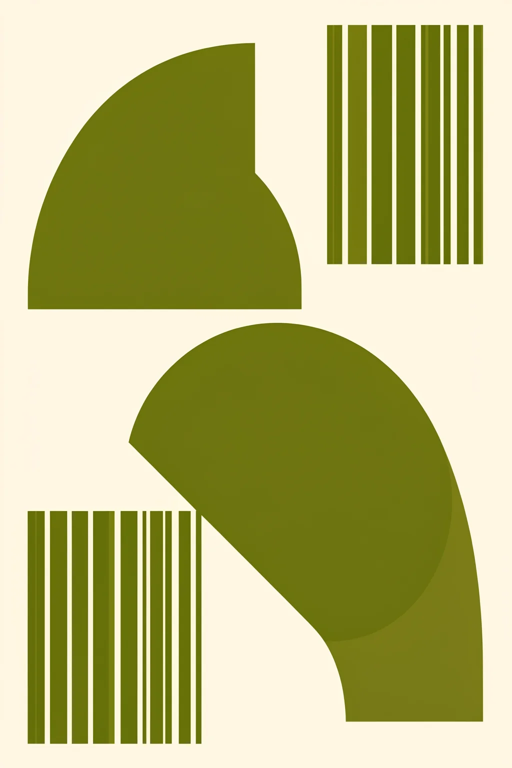 Geometric Harmony. Olive geometric forms, curved blocks, and groups of narrow parallel bars are arranged on a pale cream ground.