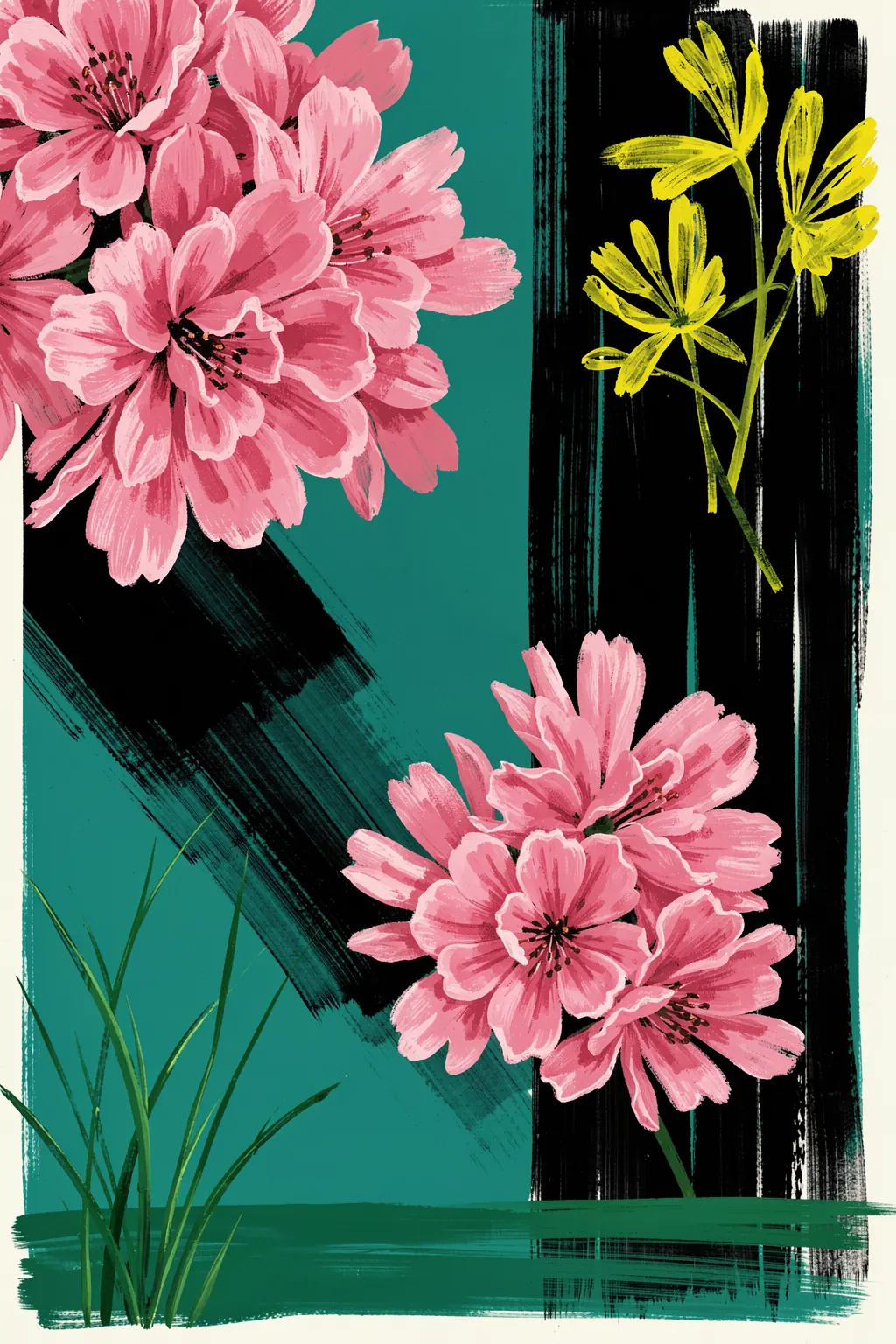 Vibrant Floral Abstract. Pink blossoms and small yellow flowers sit among green stems over blocks of teal and black brushwork.