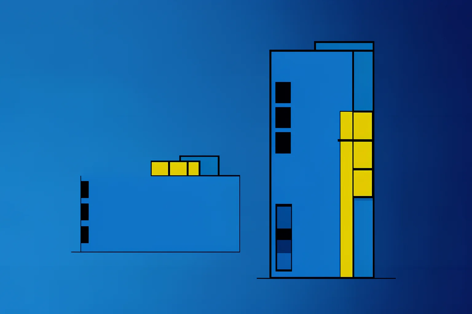 Yellow Balconies Blue Sky. Minimal blue building shapes with small yellow balcony-like blocks sit against a clear blue field.
