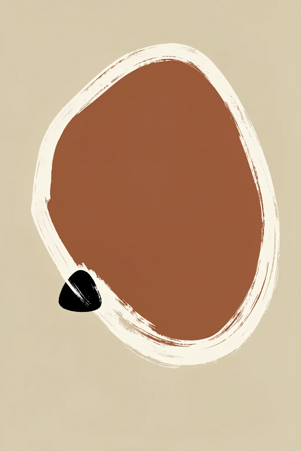 Desert Silence. A broad brown oval is surrounded by a rough white brushstroke on a muted beige field, with a small black shape near its lower-left edge.