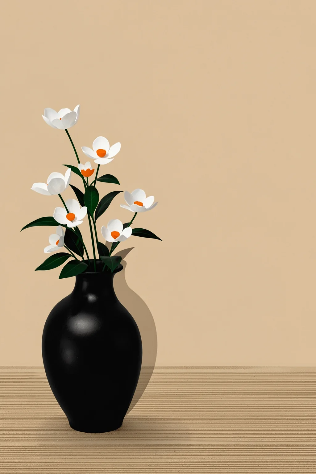 White Blooms Black Vase. Several white flowers with orange centers rise from a glossy black vase on a warm beige ground above fine horizontal lines.