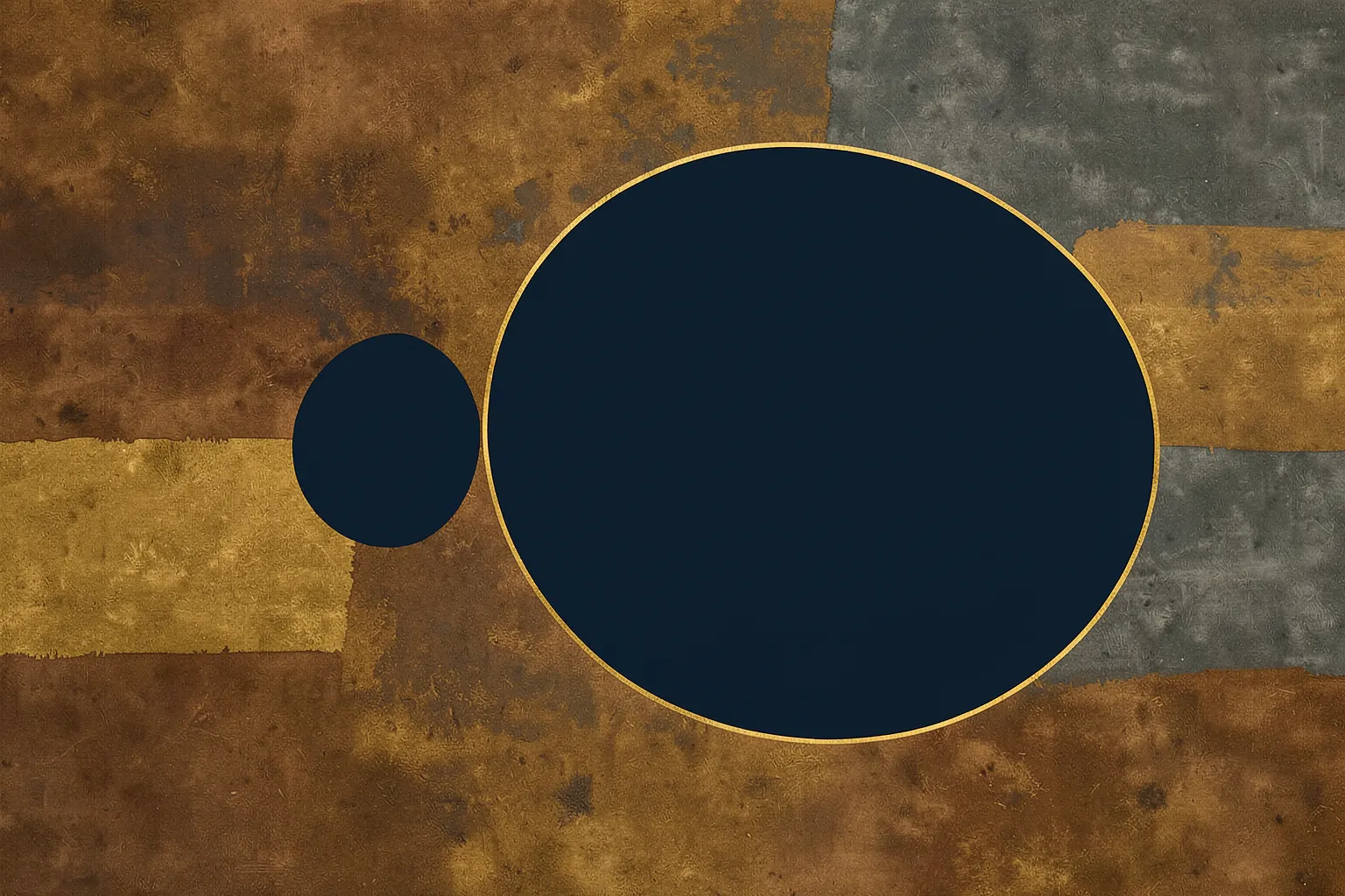 Golden Abstract Curves. Two dark navy circular forms with thin golden outlines overlap on a textured ground of ochre and gray blocks.