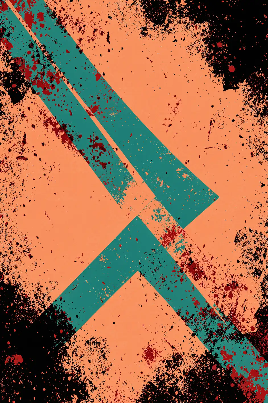 Distressed Geometric Pattern. Distressed teal geometric bands cross a coral field, with black and dark red speckling concentrated around the edges.