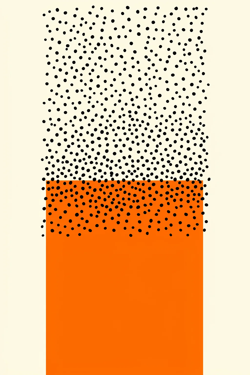 Playful Abstract Dots. Black dots vary in size and spacing over a cream field and continue across the upper edge of a bright orange rectangle.