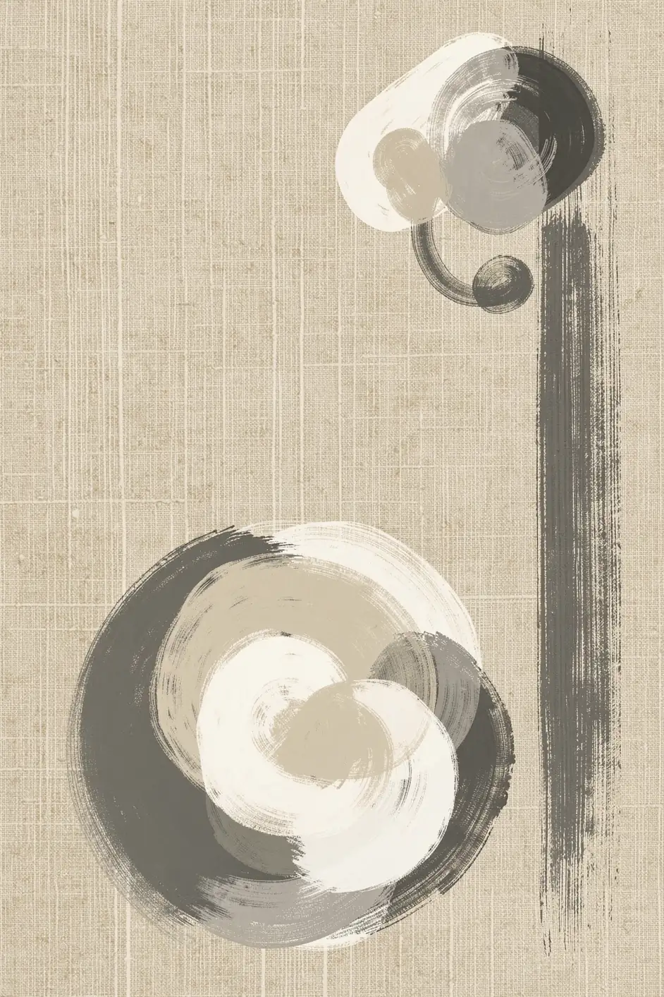 Abstract Layered Shapes. Loose overlapping circles and looping brush marks in charcoal, gray, and cream sit on a textured beige grid.