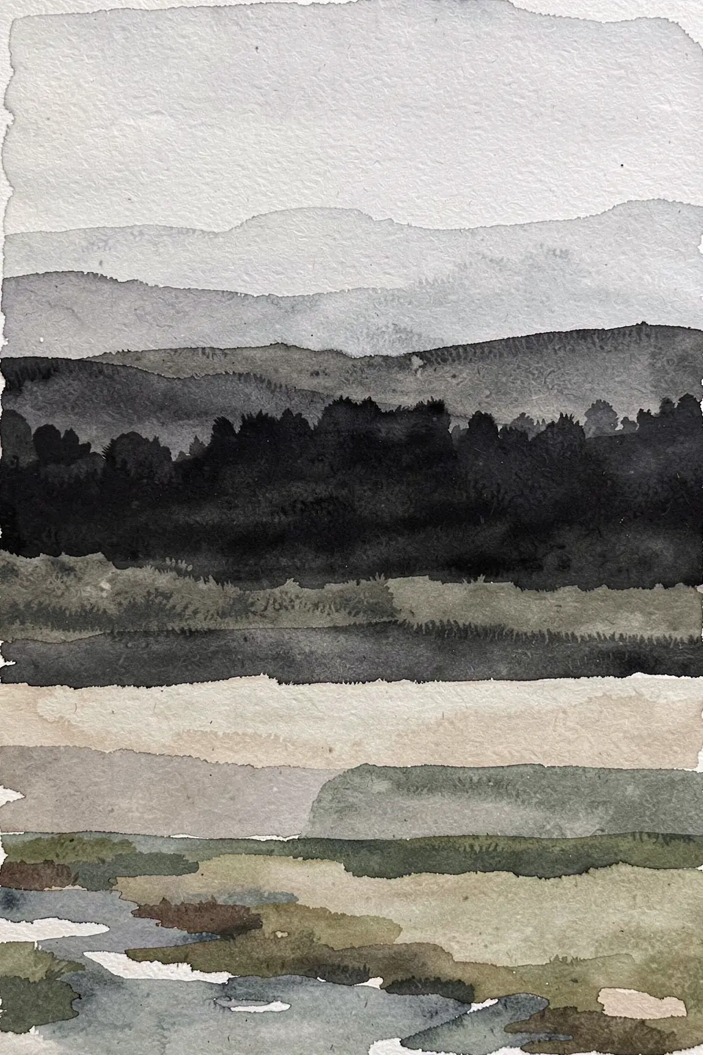 Misty Mountain Layers. Layered gray watercolor ridges and a dark tree line stretch across a softly textured monochrome landscape.