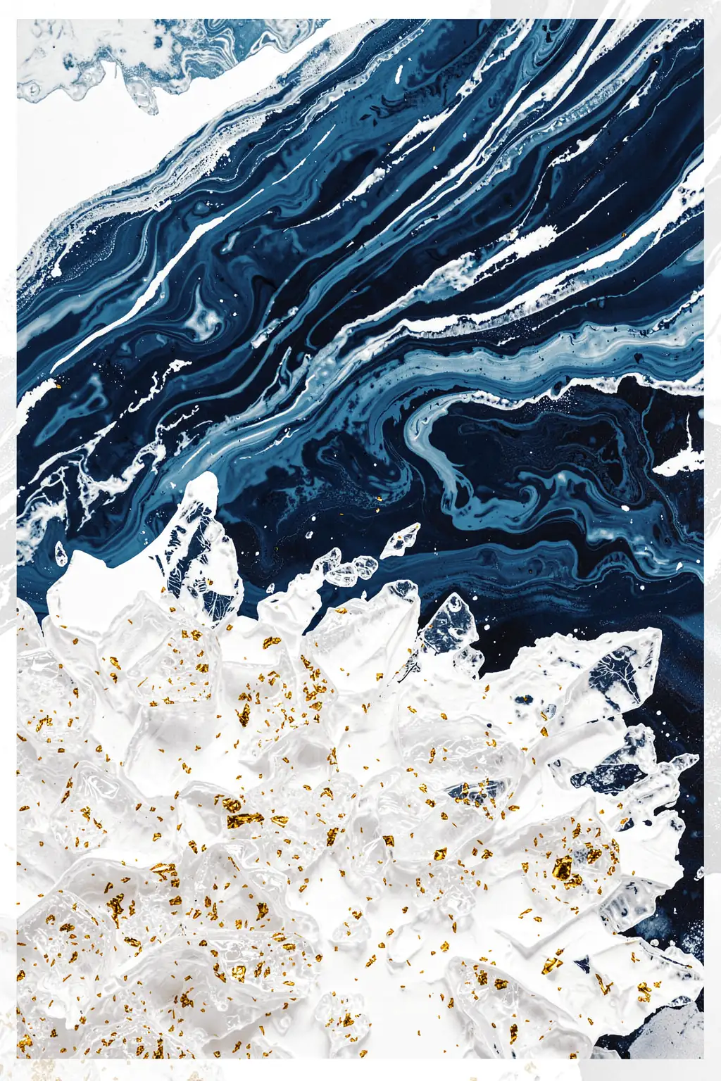 Tidal Shores 1 Upscaled Cgi 6x Copy 2. Flowing dark and pale blue marbled bands meet a mass of glossy white forms scattered with gold flecks.