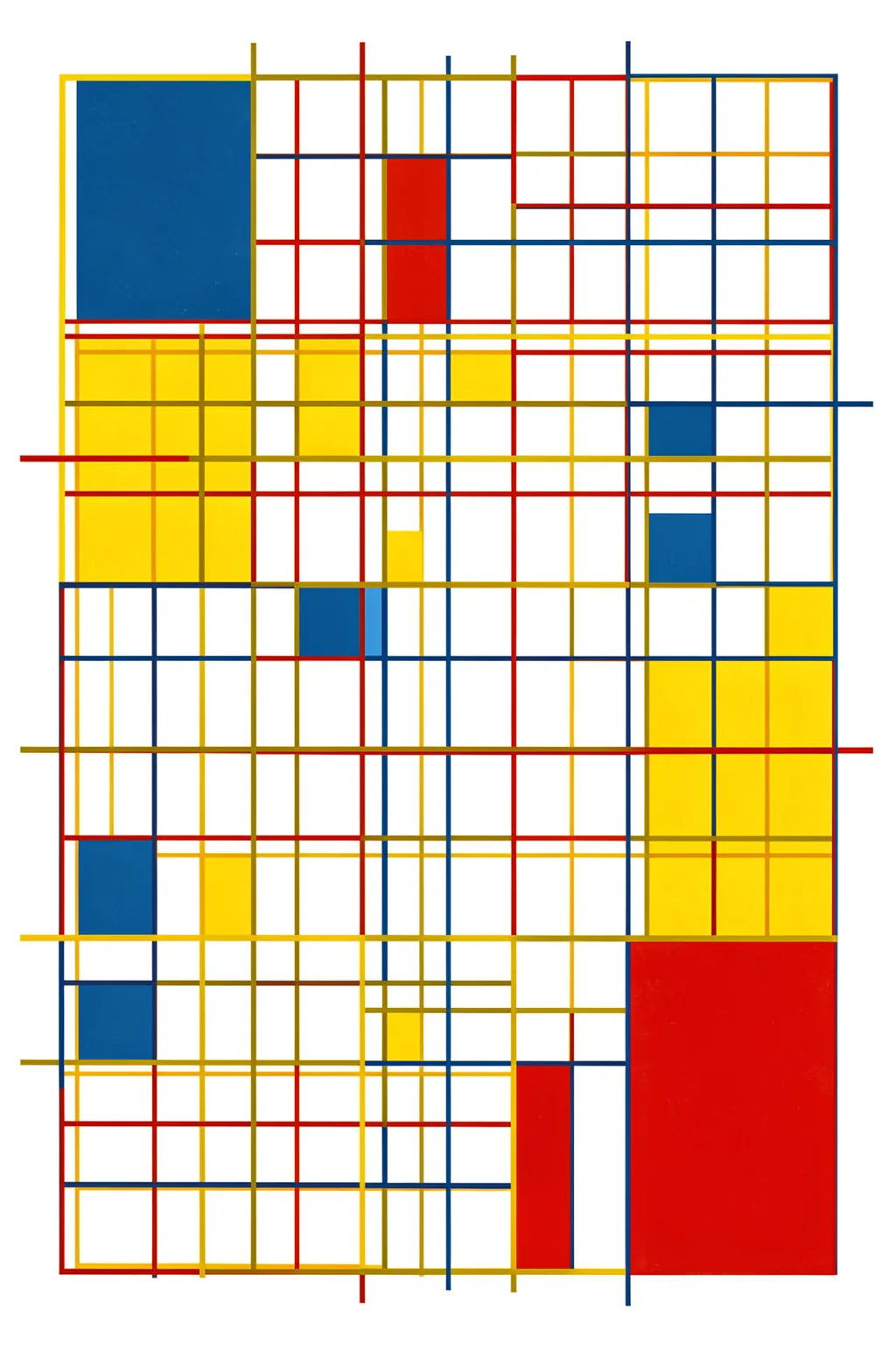 Broadway Boogie Woogie. A dense grid of red, yellow, blue, and white rectangles is crossed by thin primary-colored lines.