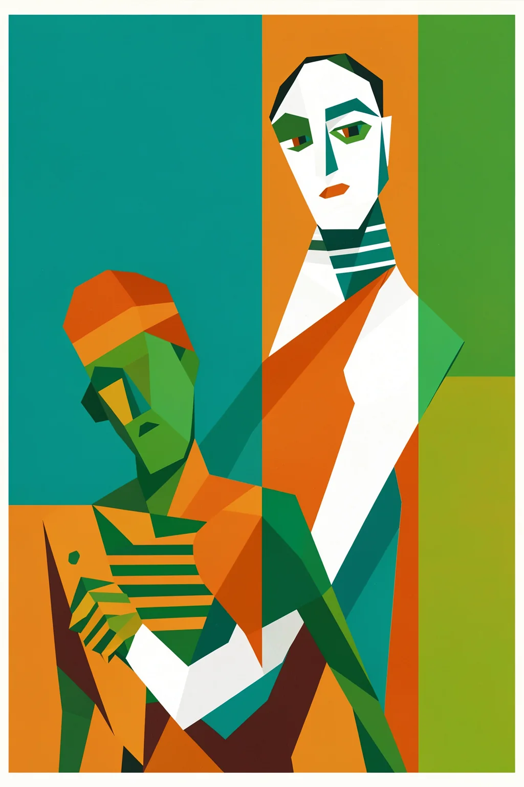 Abstract Cubist Figures. Two angular human figures in green, orange, white and teal are assembled from faceted geometric planes.